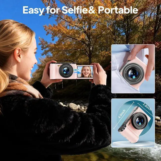 Alt view image 5 of 7 - 4K Digital Camera for Photography, Autofocus 56MP Vlogging Camera with 32GB SD Card, 3" 180° Flip Screen Compact Travel Camera for Teens Begnners with 16X Zoom,Pink