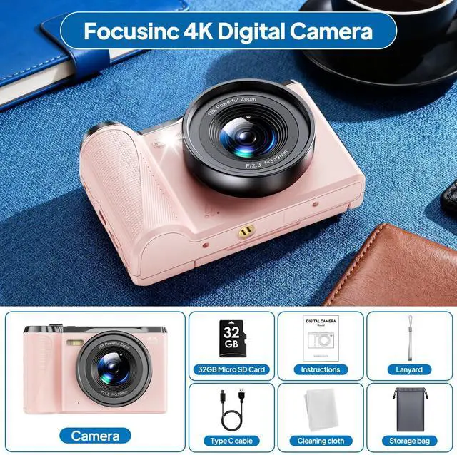 Alt view image 6 of 7 - 4K Digital Camera for Photography, Autofocus 56MP Vlogging Camera with 32GB SD Card, 3" 180° Flip Screen Compact Travel Camera for Teens Begnners with 16X Zoom,Pink