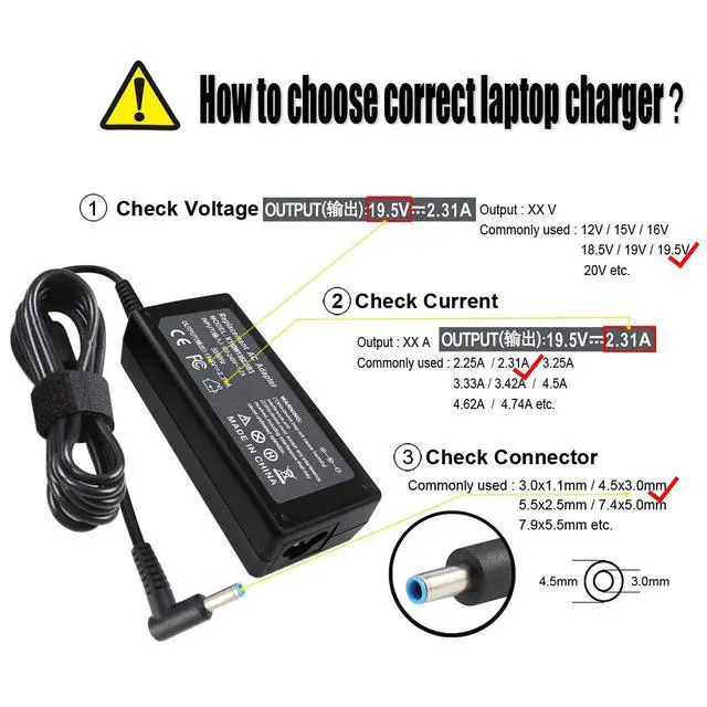 Alt view image 2 of 7 - 19.5V 2.31A 45W AC Adapter Charger Compatible with HP Pavilion x360 x2 11 13 15 M1 TouchSmart, Envy x360 x2 13 15 M6, Stream 11 13 14, 15-f 15-f272wm 15-f387wm 15-f233wm 15-bw 15-bs 15-a 15-d 15-g