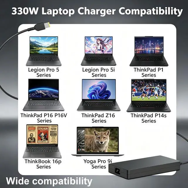 Alt view image 4 of 7 - 330W GaN Laptop Charger for Lenovo Legion ThinkPad Gaming AC Adapter | 20V 16.5A Compatible with Lenovo Legion 16IRX8 16IRX8H, ADL330SDC3A GX21M50608, Fast Charging Slim Square Tip Supply Cord