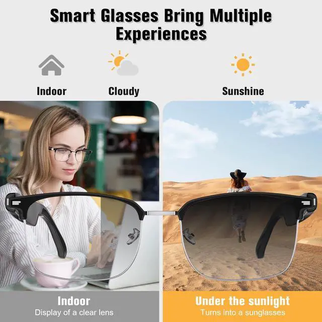 Alt view image 3 of 7 - Smart Glasses, Blue Light Blocking Bluetooth Glasses with Open Ear Speaker, Photochromic Sunglasses Lens, Voice Assistant Compatible for Android iPhone