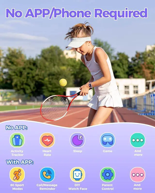 Alt view image 3 of 6 - [2026 New Smart Watch for Kids - No APP No Phone Needed, 1.83" Fitness Tracker Watch for Kids with Sleep Monitor, Heart Rate, Step Counter, IP68 Waterproof (Purple, 1.83Inches)