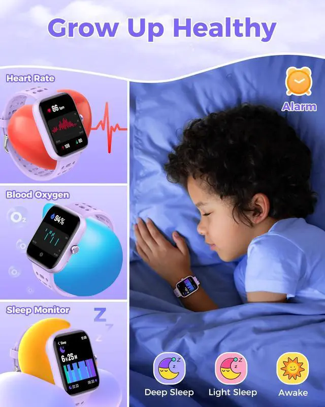 Alt view image 4 of 6 - [2026 New Smart Watch for Kids - No APP No Phone Needed, 1.83" Fitness Tracker Watch for Kids with Sleep Monitor, Heart Rate, Step Counter, IP68 Waterproof (Purple, 1.83Inches)