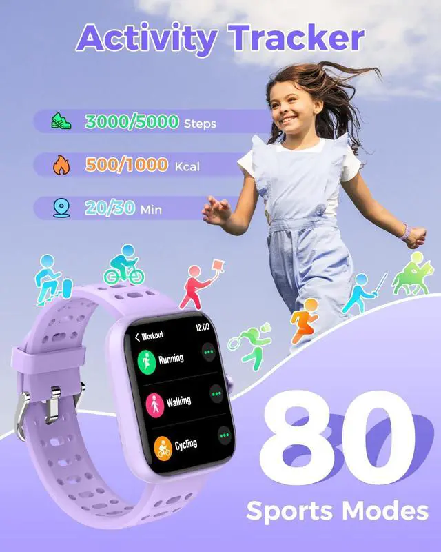 Alt view image 2 of 6 - [2026 New Smart Watch for Kids - No APP No Phone Needed, 1.83" Fitness Tracker Watch for Kids with Sleep Monitor, Heart Rate, Step Counter, IP68 Waterproof (Purple, 1.83Inches)