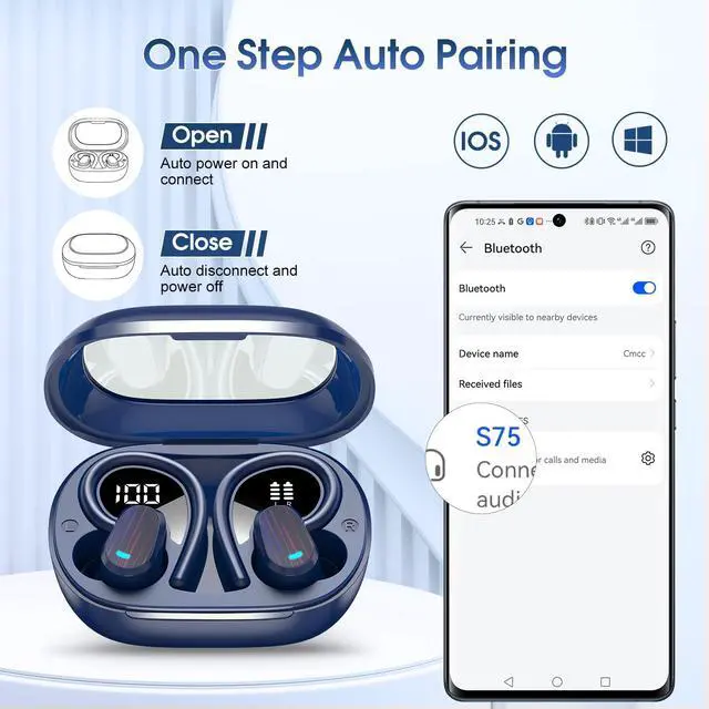 Alt view image 6 of 7 - Wireless Earbuds, Headphones Sport Bluetooth 5.4, Over Ear Buds with ENC Noise Canceling Mic, Deep Bass Stereo Earphones with Hook, 50H, LED Display, IP7 Ear Buds for Workout Running, Dark Blue(2026)