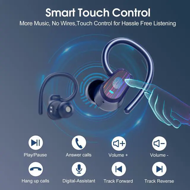 Alt view image 7 of 7 - Wireless Earbuds, Headphones Sport Bluetooth 5.4, Over Ear Buds with ENC Noise Canceling Mic, Deep Bass Stereo Earphones with Hook, 50H, LED Display, IP7 Ear Buds for Workout Running, Dark Blue(2026)