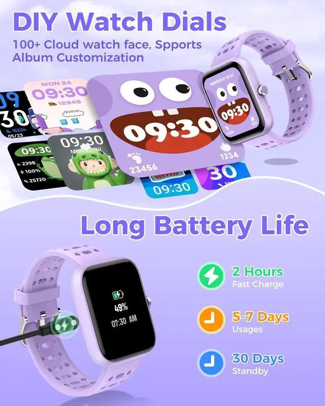 Alt view image 6 of 6 - [2026 New Smart Watch for Kids - No APP No Phone Needed, 1.83" Fitness Tracker Watch for Kids with Sleep Monitor, Heart Rate, Step Counter, IP68 Waterproof (Purple, 1.83Inches)