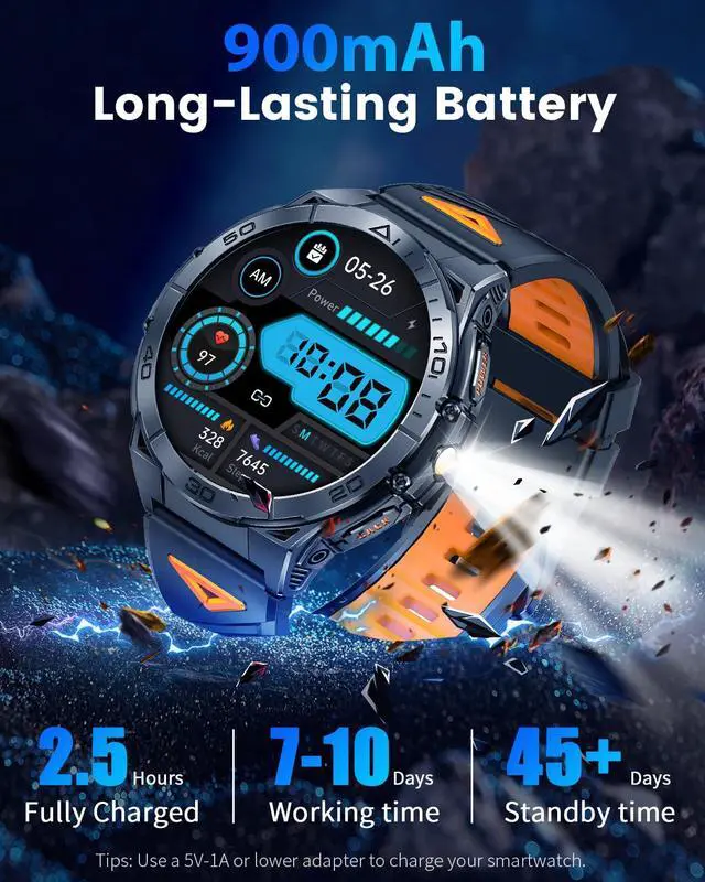 Alt view image 2 of 7 - Military Smart Watches for Men with Bluetooth Call, 1.6" AMOLED Waterproof Smartwatch with Flashlight, 116 Sport Modes, 900mAh Heart Rate, Sleep Monitor Fitness Tracker for Android iOS