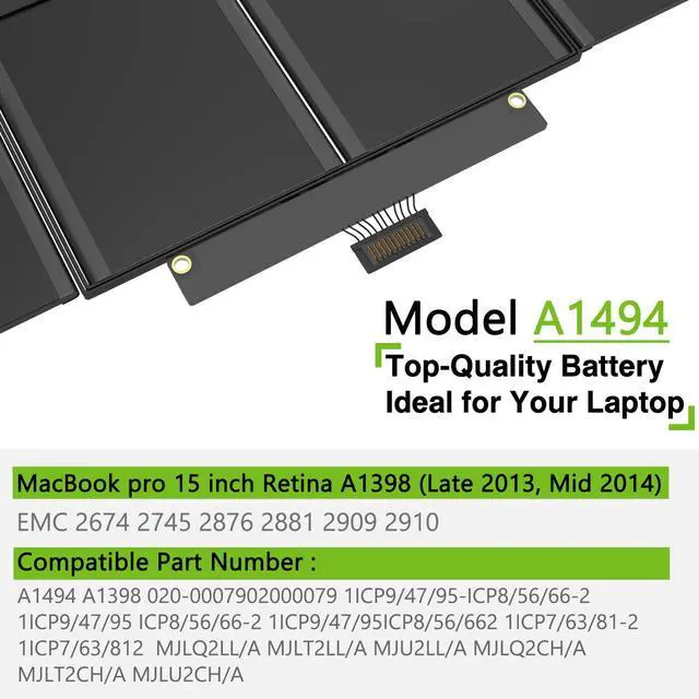 Alt view image 4 of 6 - A1494 Battery Replacement Laptop Battery for MacBook Pro 15 inch Retina (Late 2013, Mid 2014), ME293 ME294 99Wh 11.26V