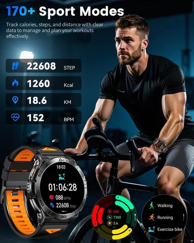 Alt view image 4 of 7 - Military Smart Watches for Men with Bluetooth Call, 1.6" AMOLED Waterproof Smartwatch with Flashlight, 116 Sport Modes, 900mAh Heart Rate, Sleep Monitor Fitness Tracker for Android iOS