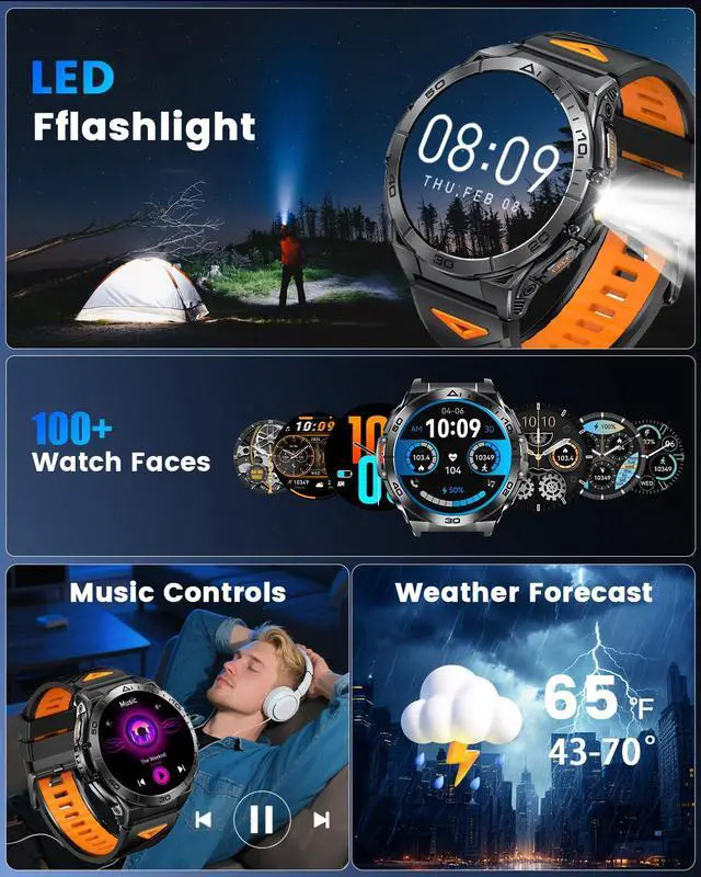 Alt view image 7 of 7 - Military Smart Watches for Men with Bluetooth Call, 1.6" AMOLED Waterproof Smartwatch with Flashlight, 116 Sport Modes, 900mAh Heart Rate, Sleep Monitor Fitness Tracker for Android iOS