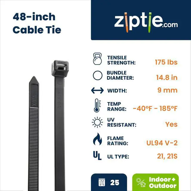 Alt view image 2 of 7 - 48-inch UV Resistant Black Multi-Purpose Cable Tie, 175-lb Tensile Strength, UL 21S Listed, 25-Pack