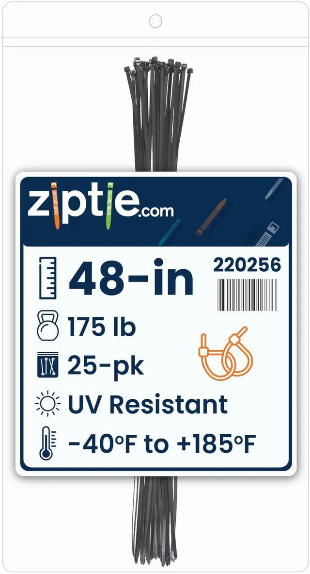 Main image of 48-inch UV Resistant Black Multi-Purpose Cable Tie, 175-lb Tensile Strength, UL 21S Listed, 25-Pack