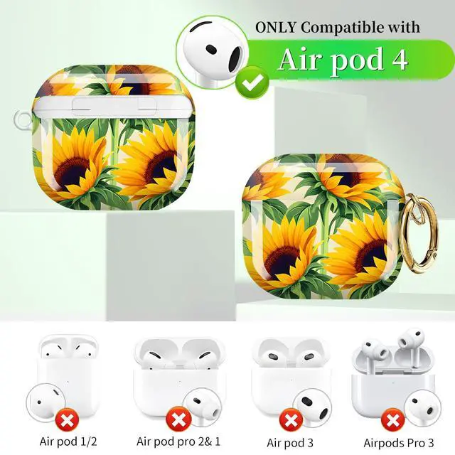 Alt view image 4 of 6 - Compatible with AirPods 4 Case (2024 Release), Shockproof Protective Hard Shell Cover with Keychain, Cute & Fashion Patterns for Women Men KidsSunflower