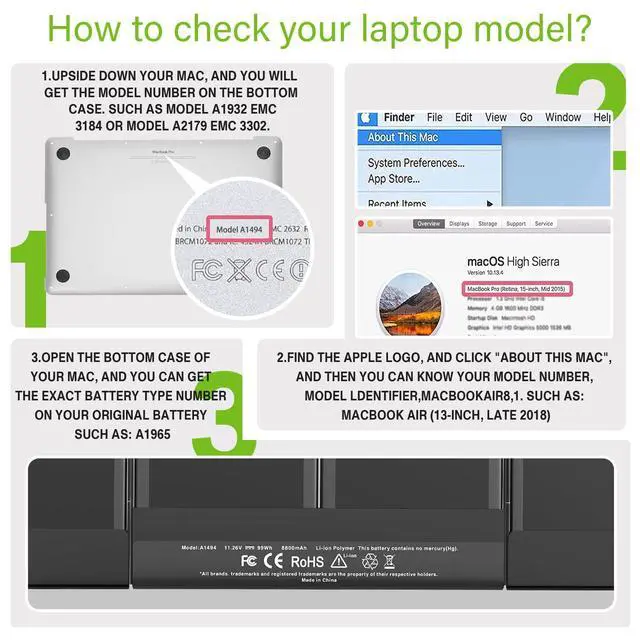 Alt view image 6 of 6 - A1494 Battery Replacement Laptop Battery for MacBook Pro 15 inch Retina (Late 2013, Mid 2014), ME293 ME294 99Wh 11.26V