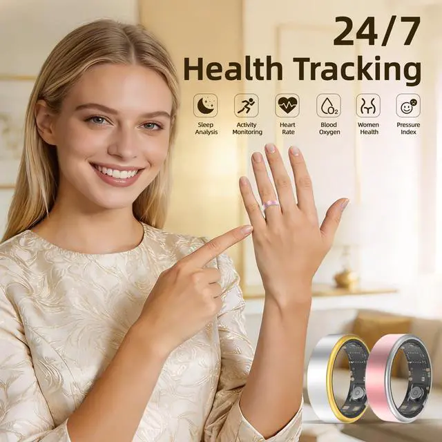 Alt view image 2 of 7 - Smart Ring Long-Lasting Battery Chip Fitness Tracker Monitors Heart Rate Blood Oxygen Levels Records Sleep Step Count Waterproof Function Christmas/Valentine's Day Gift (Pink, 10)