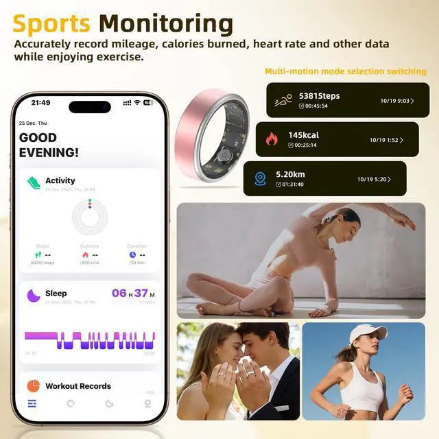 Alt view image 4 of 7 - Smart Ring Long-Lasting Battery Chip Fitness Tracker Monitors Heart Rate Blood Oxygen Levels Records Sleep Step Count Waterproof Function Christmas/Valentine's Day Gift (Pink, 10)
