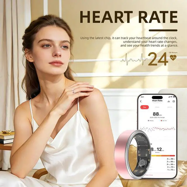 Alt view image 5 of 7 - Smart Ring Long-Lasting Battery Chip Fitness Tracker Monitors Heart Rate Blood Oxygen Levels Records Sleep Step Count Waterproof Function Christmas/Valentine's Day Gift (Pink, 10)