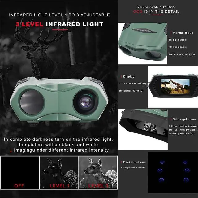 Alt view image 4 of 6 - New Model Night Vision Goggles, 8X Digital Zoom Binoculars for Adults - Ergonomic Curved Design & Backlit Buttons, 3" TFT Screen, 4K Photo/Video for Hunting/Camping/Surveillance (Green)