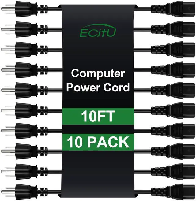 Main image of 10FT Computer Replacement Power Cord (10 Pack), 3 Prong AC Power Cable, NEMA 5-15P to IEC13, 18 AWG, 10A 110V-300V(MAX), AC Power Cord for TV, Computer, Monitor, Appliance, Desktop, Scanner, Printer