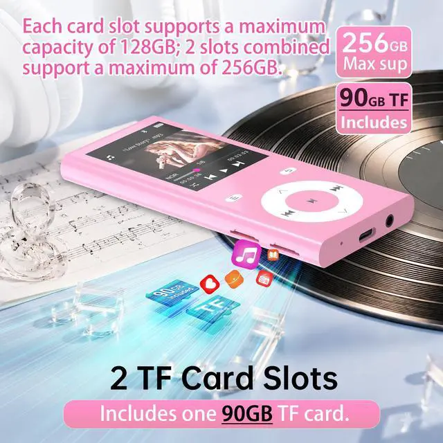 Alt view image 2 of 6 - 90GB MP3 Player with Bluetooth 5.3, Music Player with 2 TF Card Slots | 2.4" Color Screen, Touch Buttons, MP3 Player for Kids Built-in Speaker, HiFi Sound, Supports up to 256GB (Pink)