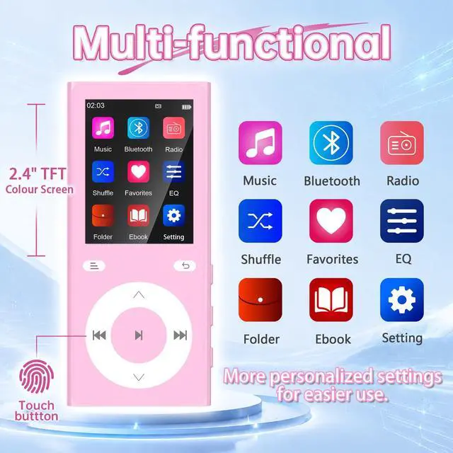 Alt view image 3 of 6 - 90GB MP3 Player with Bluetooth 5.3, Music Player with 2 TF Card Slots | 2.4" Color Screen, Touch Buttons, MP3 Player for Kids Built-in Speaker, HiFi Sound, Supports up to 256GB (Pink)