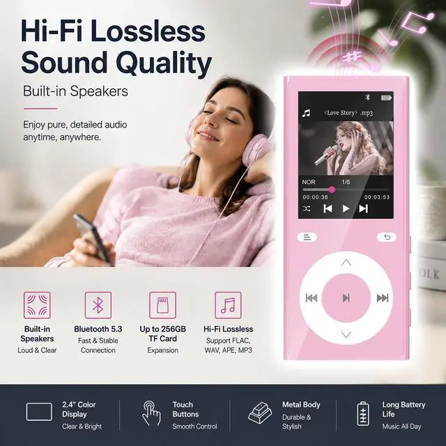 Alt view image 4 of 6 - 90GB MP3 Player with Bluetooth 5.3, Music Player with 2 TF Card Slots | 2.4" Color Screen, Touch Buttons, MP3 Player for Kids Built-in Speaker, HiFi Sound, Supports up to 256GB (Pink)