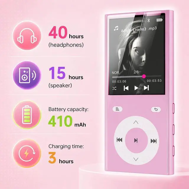 Alt view image 5 of 6 - 90GB MP3 Player with Bluetooth 5.3, Music Player with 2 TF Card Slots | 2.4" Color Screen, Touch Buttons, MP3 Player for Kids Built-in Speaker, HiFi Sound, Supports up to 256GB (Pink)
