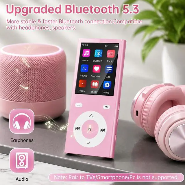 Alt view image 6 of 6 - 90GB MP3 Player with Bluetooth 5.3, Music Player with 2 TF Card Slots | 2.4" Color Screen, Touch Buttons, MP3 Player for Kids Built-in Speaker, HiFi Sound, Supports up to 256GB (Pink)