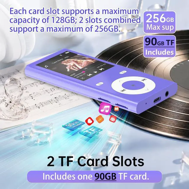 Alt view image 2 of 6 - 90GB MP3 Player with Bluetooth 5.3, Music Player with 2 TF Card Slots | 2.4" Color Screen, Touch Buttons, MP3 Player for Kids Built-in Speaker, HiFi Sound, Supports up to 256GB (Purple)