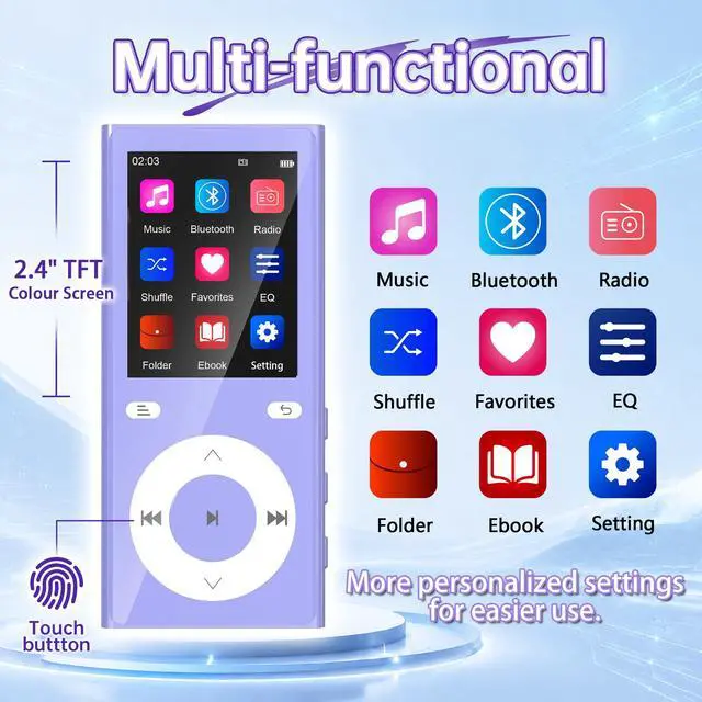 Alt view image 3 of 6 - 90GB MP3 Player with Bluetooth 5.3, Music Player with 2 TF Card Slots | 2.4" Color Screen, Touch Buttons, MP3 Player for Kids Built-in Speaker, HiFi Sound, Supports up to 256GB (Purple)
