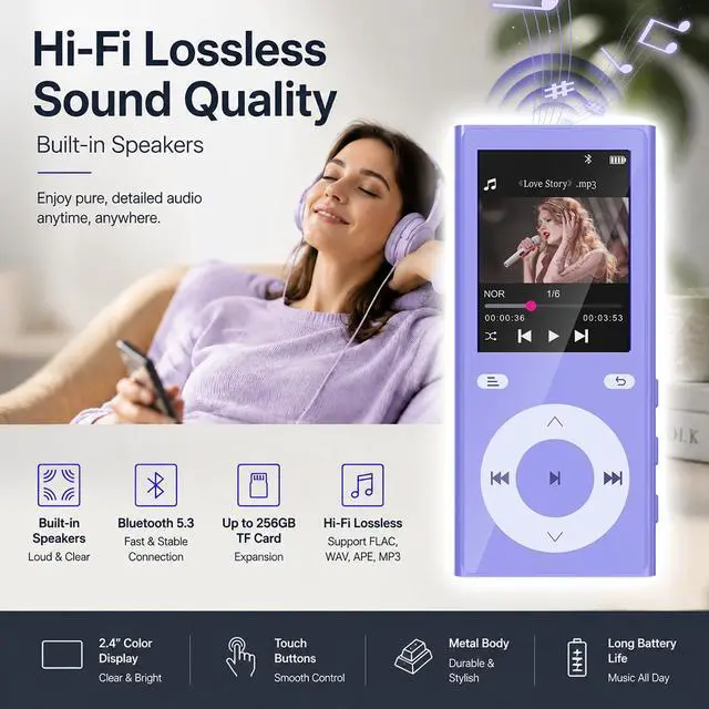 Alt view image 4 of 6 - 90GB MP3 Player with Bluetooth 5.3, Music Player with 2 TF Card Slots | 2.4" Color Screen, Touch Buttons, MP3 Player for Kids Built-in Speaker, HiFi Sound, Supports up to 256GB (Purple)