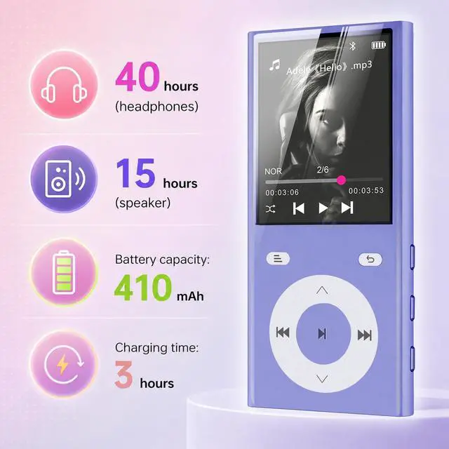 Alt view image 5 of 6 - 90GB MP3 Player with Bluetooth 5.3, Music Player with 2 TF Card Slots | 2.4" Color Screen, Touch Buttons, MP3 Player for Kids Built-in Speaker, HiFi Sound, Supports up to 256GB (Purple)