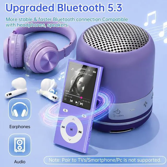 Alt view image 6 of 6 - 90GB MP3 Player with Bluetooth 5.3, Music Player with 2 TF Card Slots | 2.4" Color Screen, Touch Buttons, MP3 Player for Kids Built-in Speaker, HiFi Sound, Supports up to 256GB (Purple)