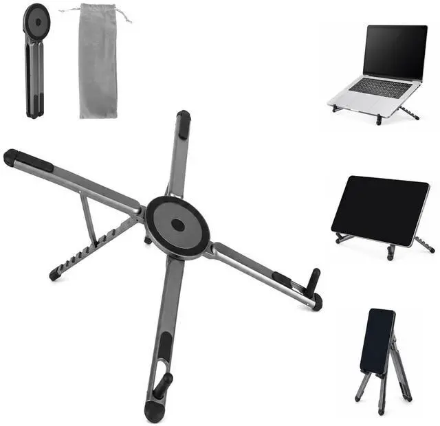 Main image of 3-in-1 Portable Laptop Stand, Aluminum Alloy Foldable & Adjustable Travel Laptop Desktop Riser Stand Holder with Magnetic Metal Ring & Storage Bag Suitable for Mobile Phones Tablets Computer