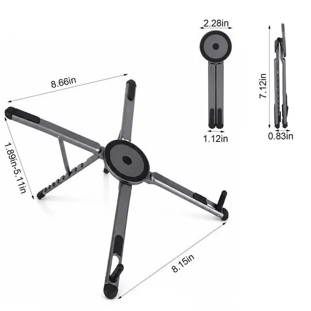Alt view image 2 of 7 - 3-in-1 Portable Laptop Stand, Aluminum Alloy Foldable & Adjustable Travel Laptop Desktop Riser Stand Holder with Magnetic Metal Ring & Storage Bag Suitable for Mobile Phones Tablets Computer