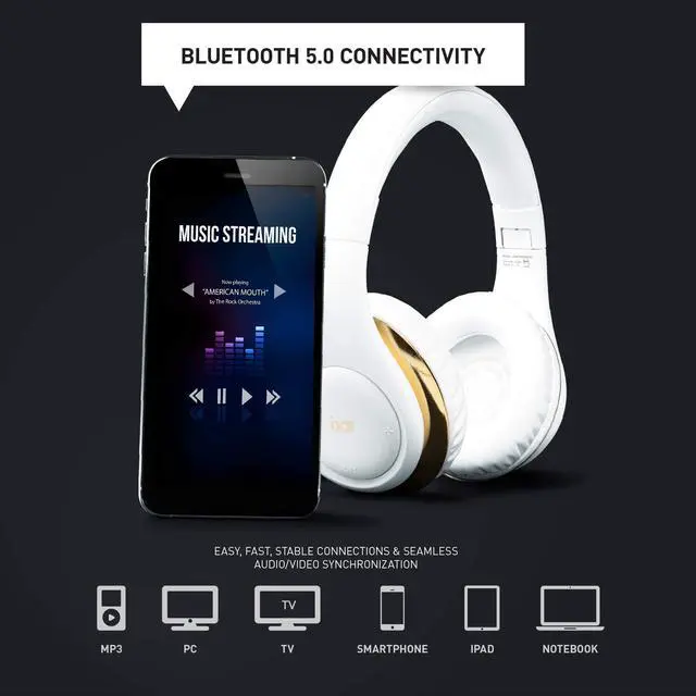 Alt view image 4 of 6 - ISO Bluetooth 5.0 Wireless Over Ear Foldable Stereo Headphones with 30 Hours Battery and Built-in Microphone, (White/Gold)