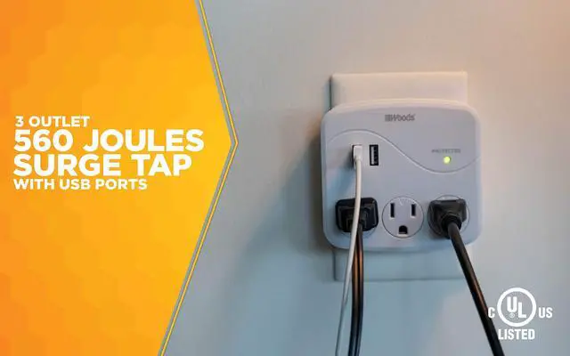 Alt view image 2 of 7 - 41029 3 Outlet Surge Tap With 2 USB Ports; 560 Joules of Protection; White