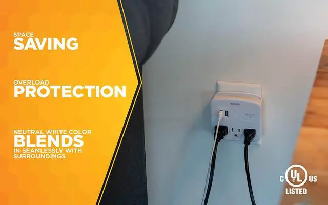 Alt view image 3 of 7 - 41029 3 Outlet Surge Tap With 2 USB Ports; 560 Joules of Protection; White