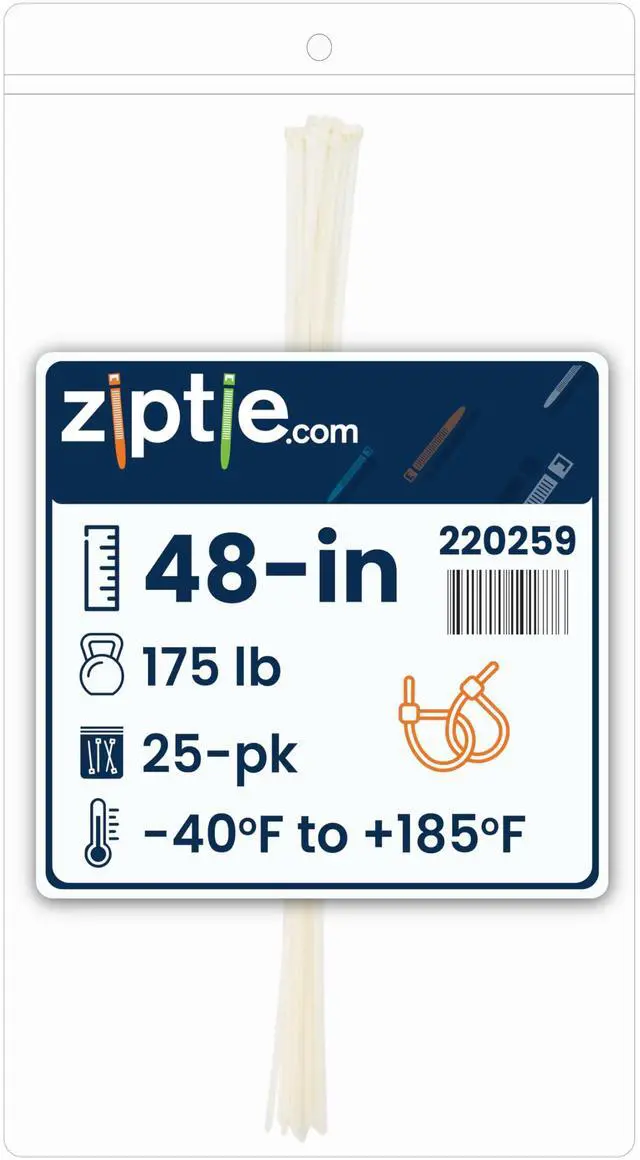 Main image of 48-inch Natural Multi-Purpose Cable Tie, 175-lb Tensile Strength, UL 21S Listed, 25-Pack