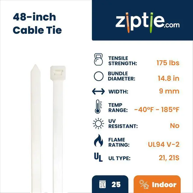 Alt view image 2 of 7 - 48-inch Natural Multi-Purpose Cable Tie, 175-lb Tensile Strength, UL 21S Listed, 25-Pack