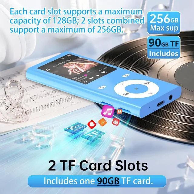Alt view image 2 of 6 - 90GB MP3 Player with Bluetooth 5.3, Music Player with 2 TF Card Slots | 2.4" Color Screen, Touch Buttons, MP3 Player for Kids Built-in Speaker, HiFi Sound, Supports up to 256GB (Blue)