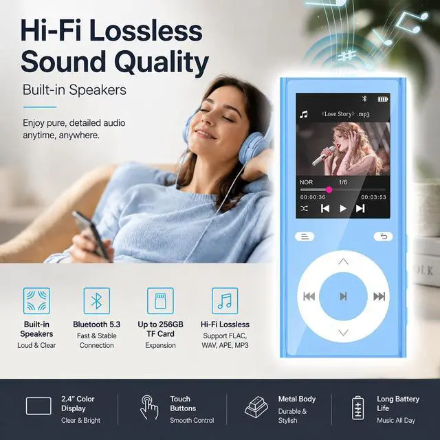 Alt view image 4 of 6 - 90GB MP3 Player with Bluetooth 5.3, Music Player with 2 TF Card Slots | 2.4" Color Screen, Touch Buttons, MP3 Player for Kids Built-in Speaker, HiFi Sound, Supports up to 256GB (Blue)