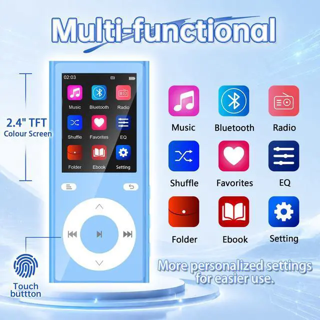 Alt view image 3 of 6 - 90GB MP3 Player with Bluetooth 5.3, Music Player with 2 TF Card Slots | 2.4" Color Screen, Touch Buttons, MP3 Player for Kids Built-in Speaker, HiFi Sound, Supports up to 256GB (Blue)