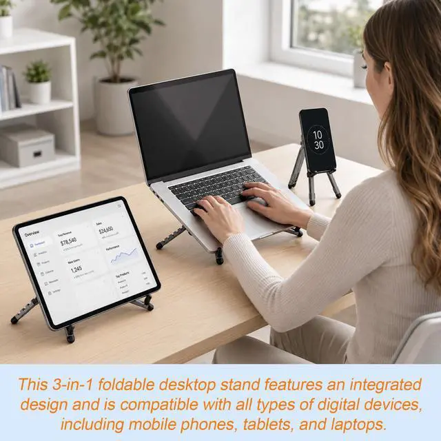 Alt view image 6 of 7 - 3-in-1 Portable Laptop Stand, Aluminum Alloy Foldable & Adjustable Travel Laptop Desktop Riser Stand Holder with Magnetic Metal Ring & Storage Bag Suitable for Mobile Phones Tablets Computer