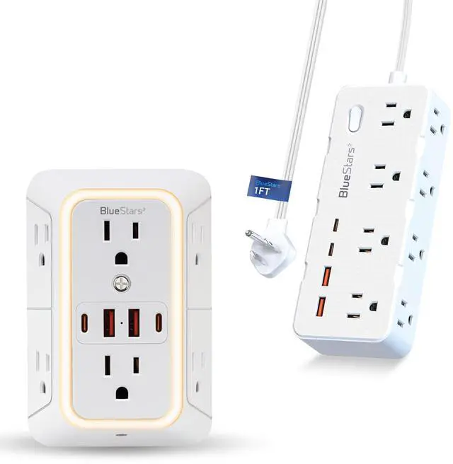 Main image of Short Extension Cord 1 Foot 8 AC Outlets and 4 USB Ports and Wall Mount Power Strips with 6 AC Power Outlet 4 USB Ports - for Home Office Dorm Colleges