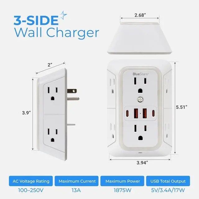 Alt view image 2 of 7 - Short Extension Cord 1 Foot 8 AC Outlets and 4 USB Ports and Wall Mount Power Strips with 6 AC Power Outlet 4 USB Ports - for Home Office Dorm Colleges