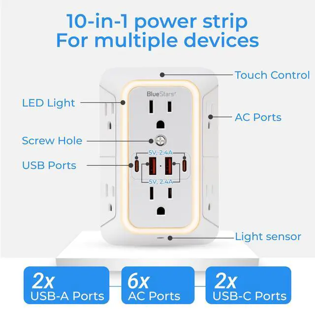 Alt view image 3 of 7 - Short Extension Cord 1 Foot 8 AC Outlets and 4 USB Ports and Wall Mount Power Strips with 6 AC Power Outlet 4 USB Ports - for Home Office Dorm Colleges