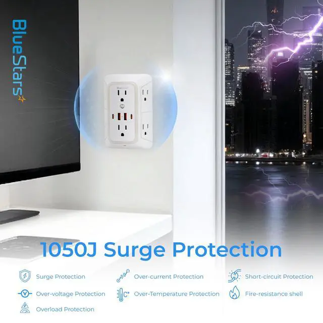 Alt view image 5 of 7 - Short Extension Cord 1 Foot 8 AC Outlets and 4 USB Ports and Wall Mount Power Strips with 6 AC Power Outlet 4 USB Ports - for Home Office Dorm Colleges