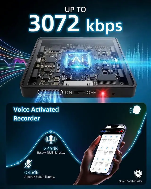 Alt view image 4 of 6 - 3072Kbps Mini Magnetic Voice Recorder, 128GB (9200 Hour) Recording Device with Playback,Audio Recorder AI Smart Noise Reduction, Voice Activated Recorder for Lectures, Meetings, Intervie